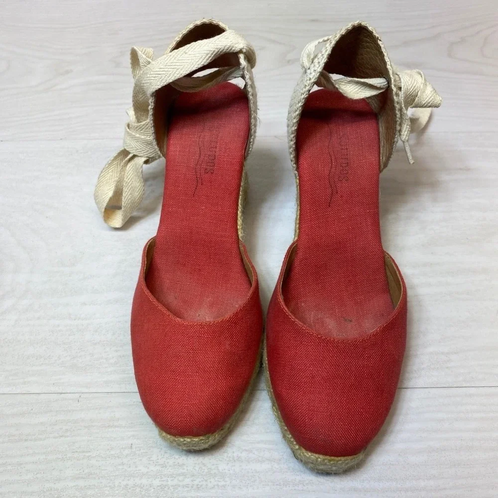Soludos Womens 6 Espadrille Wedge Sandals Lace Up Red Canvas Jute Made In Spain